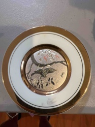 Gilt-Edged Decorative Plate with Metallic Nature Scene
