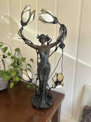 Art Nouveau Style Figural Table Lamp with Stained Glass Shades