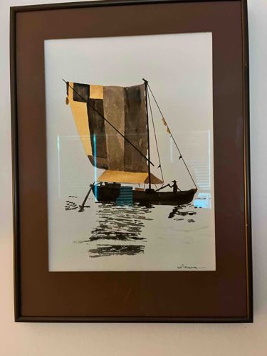 Framed Watercolor/Ink Wash Painting of a Traditional Sailing Boat