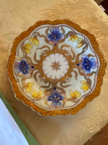 Scalloped Porcelain Plate with Gilded Enamel and Hand-Painted Flowers
