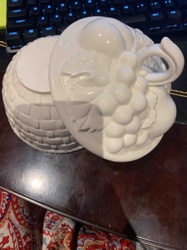 Vera Burt 1969 White Ceramic Basket-Weave Lidded Container with Fruit Motif