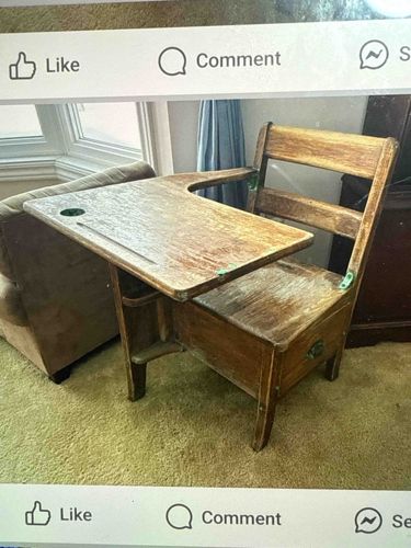 Vintage Wooden School Desk with Attached Chair