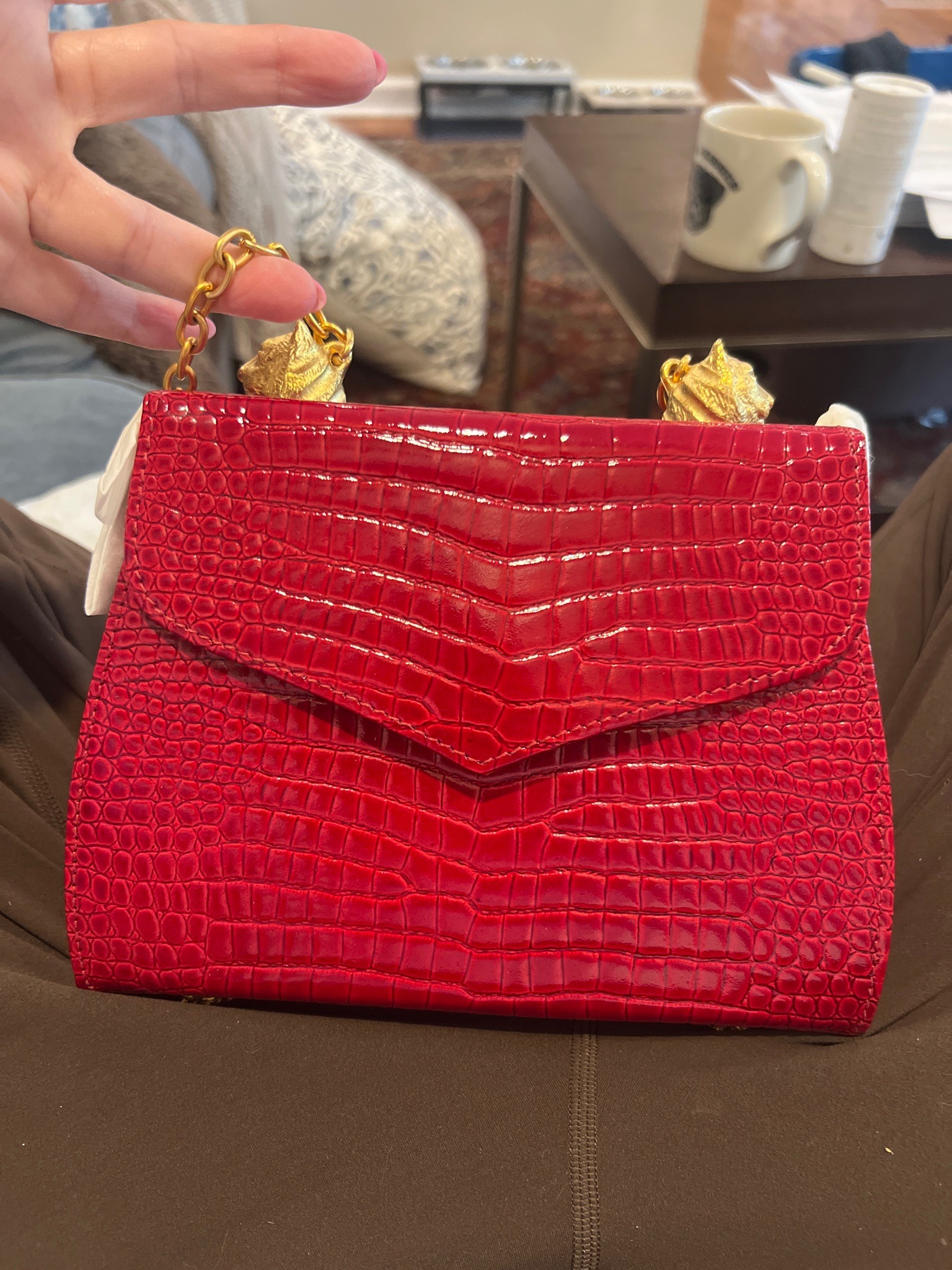 Larucchi Red Croc-Embossed Leather Shoulder Bag with Lion Hardware