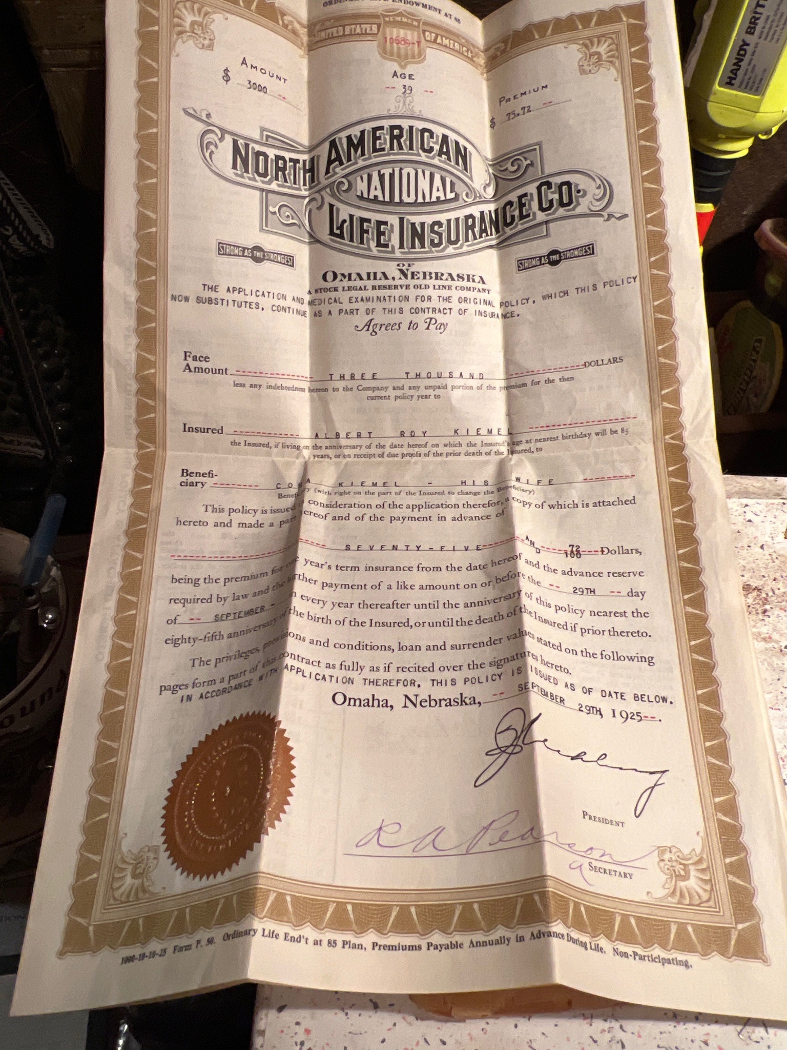 Submitted photo of North American National Life Insurance Co. Policy Document (unauthenticated)