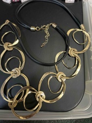 Leather Cord Necklace with Gold-Tone Abstract Rings and Pave Accents