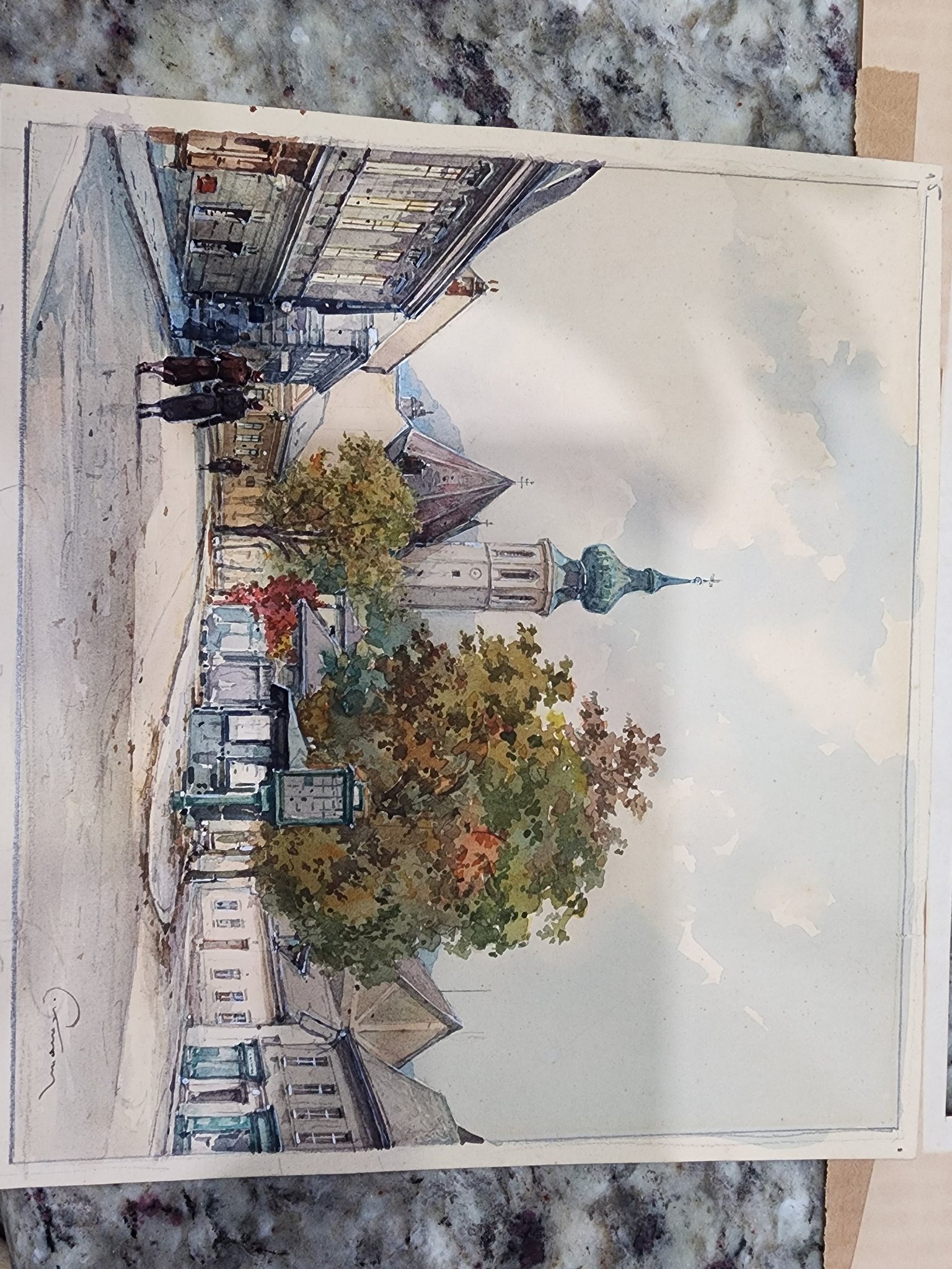 Submitted photo of Watercolor painting of a European street scene, signed illegibly at lower left