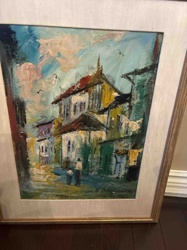 Textured Village Street Scene Oil Painting by M. Shuman