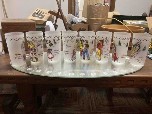 Set of Eight Vintage Hazel-Atlas 'Holiday Folklore' Frosted Glass Tumblers
