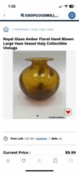 Royal Glass Amber Floral Hand Blown Large Vase