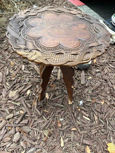 Carved Wooden Tripod Side Table with Dragon Motif