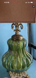 Vintage Iridescent Green Glass Table Lamp with Ornate Brass Accents