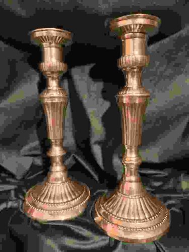 Set of Two Neoclassical Style Fluted Brass Candlesticks
