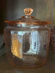 Pink Depression Glass Windsor Pattern Cookie Jar with Lid