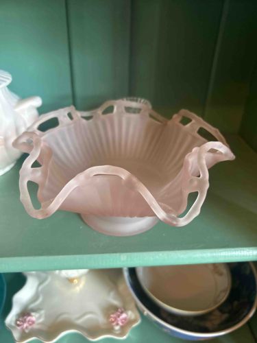 Pink Frosted Art Glass Ruffled and Pierced Bowl