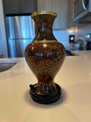 Chinese Cloisonné Vase with Floral Motif on Carved Wooden Stand