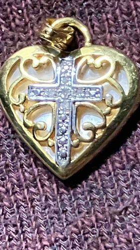 Gold-Toned Heart Pendant with Diamond-Accented Cross