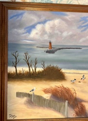 Lorie Leahy Acrylic Painting: Lighthouse Beach Scene