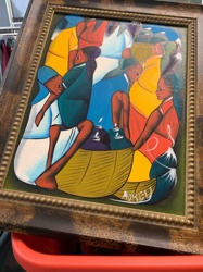 Folk Art Painting by Morel: Market Scene with Figures and Basket