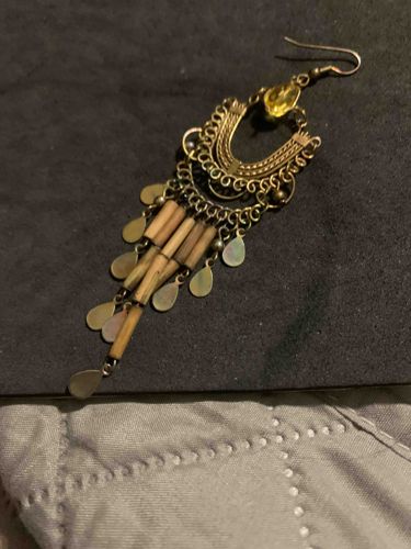 Bohemian Style Brass and Wood Chandelier Dangle Earring