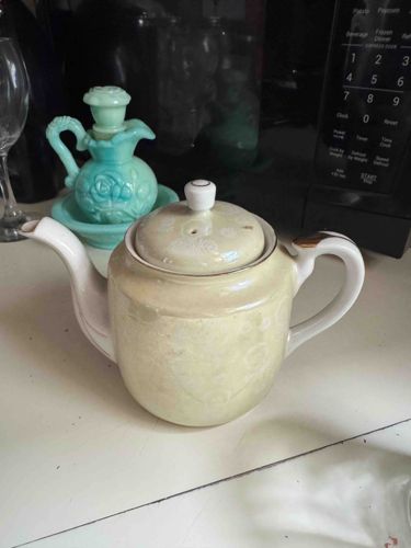 Vintage Off-White Ceramic Teapot with Gold Accents