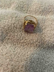 Gold-Toned Ring with Large Rectangular Purple Gemstone