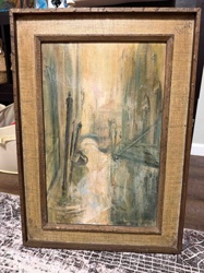 Abstract Vertical Landscape Painting in Rustic Wood Frame