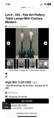 Pair of Mid-Century Modern Art Pottery Table Lamps