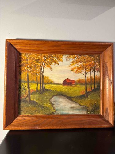 Autumn Landscape Oil Painting with Red Barn and Stream