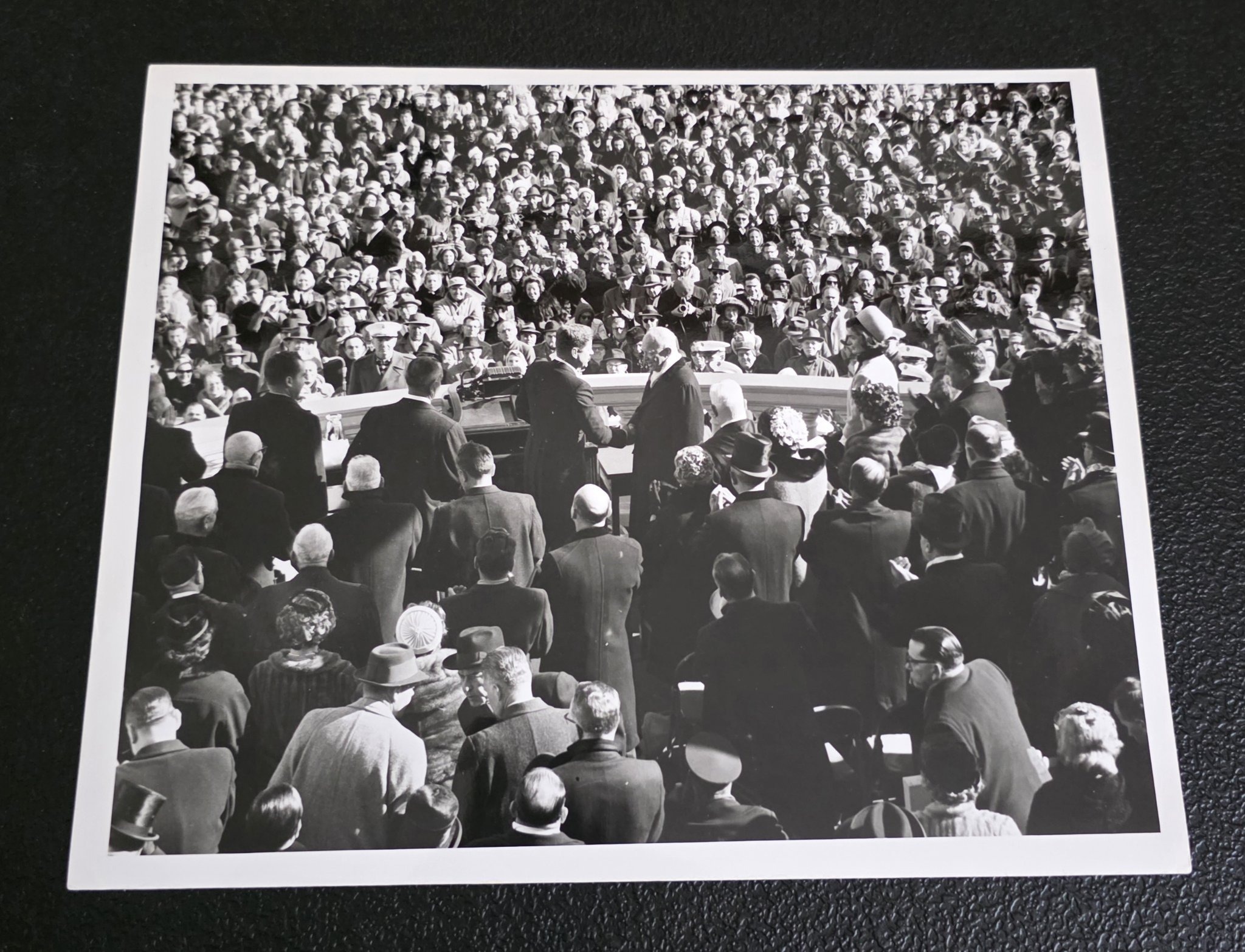 Submitted photo of Black-and-white photographic print depicting a large crowd and figures resembling a presidential inauguration
