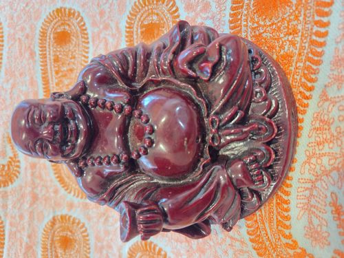 Cinnabar-colored Composite Laughing Buddha Figurine