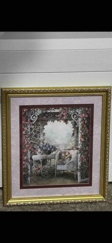 Framed 'Garden Pergola with Wicker Furniture' Print