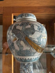 Japanese Imari-style Gold and Blue Porcelain Ginger Jar with Pheasant/Peacock Motif