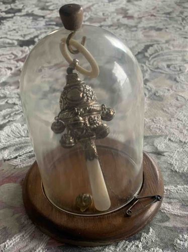 Antique Baby Rattle in Glass Cloche Display