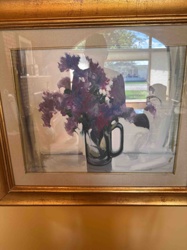 Framed Still Life Painting: Purple Flowers in a Pitcher