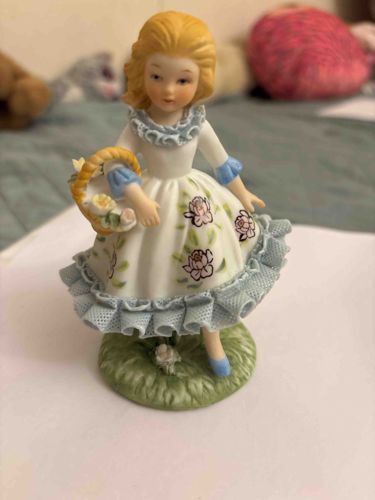 Vintage Bisque Porcelain Girl Figurine with Flower Basket