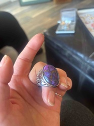 Large Oval Purple Stone Cabochon Ring with Filigree Setting