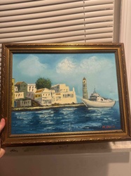 Seascape Painting with Mediterranean Village and Boat