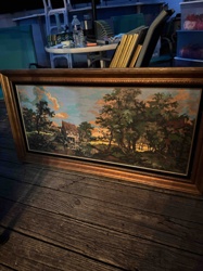 Framed Landscape Painting with European Village and Sunset