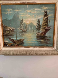 Framed Vintage Oil Painting of Junks in a Harbor