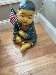 Vintage Asian Child Figural Display Lamp with American Flag