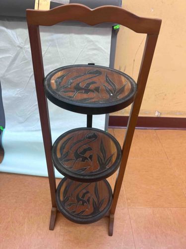 Vintage Carved Wood Three-Tier Folding Cake Stand