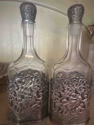 Pair of Antique OR Vintage Glass Decanters with Ornate Metal Overlay