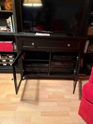 Black Media Console with Glass Doors and Shelving