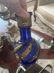 Cobalt Blue Glass Decorative Bottle with Applied Metalwork