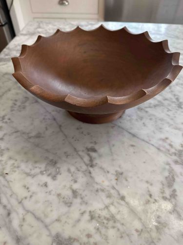 Scalloped Rim Wooden Bowl on Pedestal Base