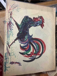 Abstract-Expressionist Rooster Drawing / Mixed Media Artwork