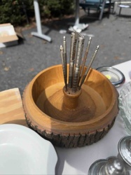 Vintage Wooden Nut Bowl with Bark Edge and Metal Nut Crackers & Picks Set