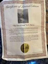 Certificate of Limited Edition for 'The Ties of Home' by G. Harvey