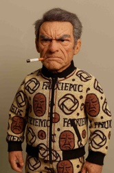 Hyper-Realistic Figure of Scowling Man in Patterned Suit