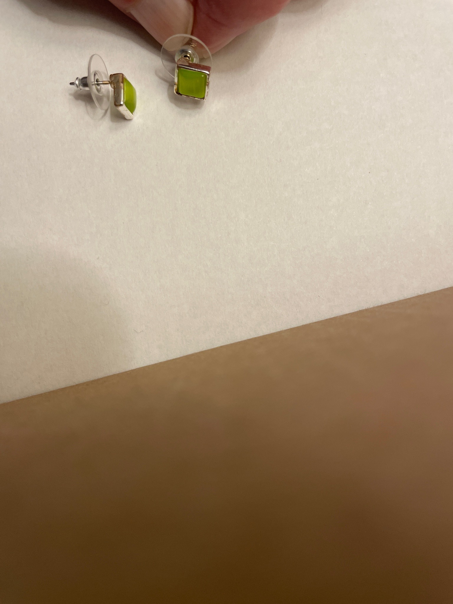 Submitted photo of Square lime green stud earrings